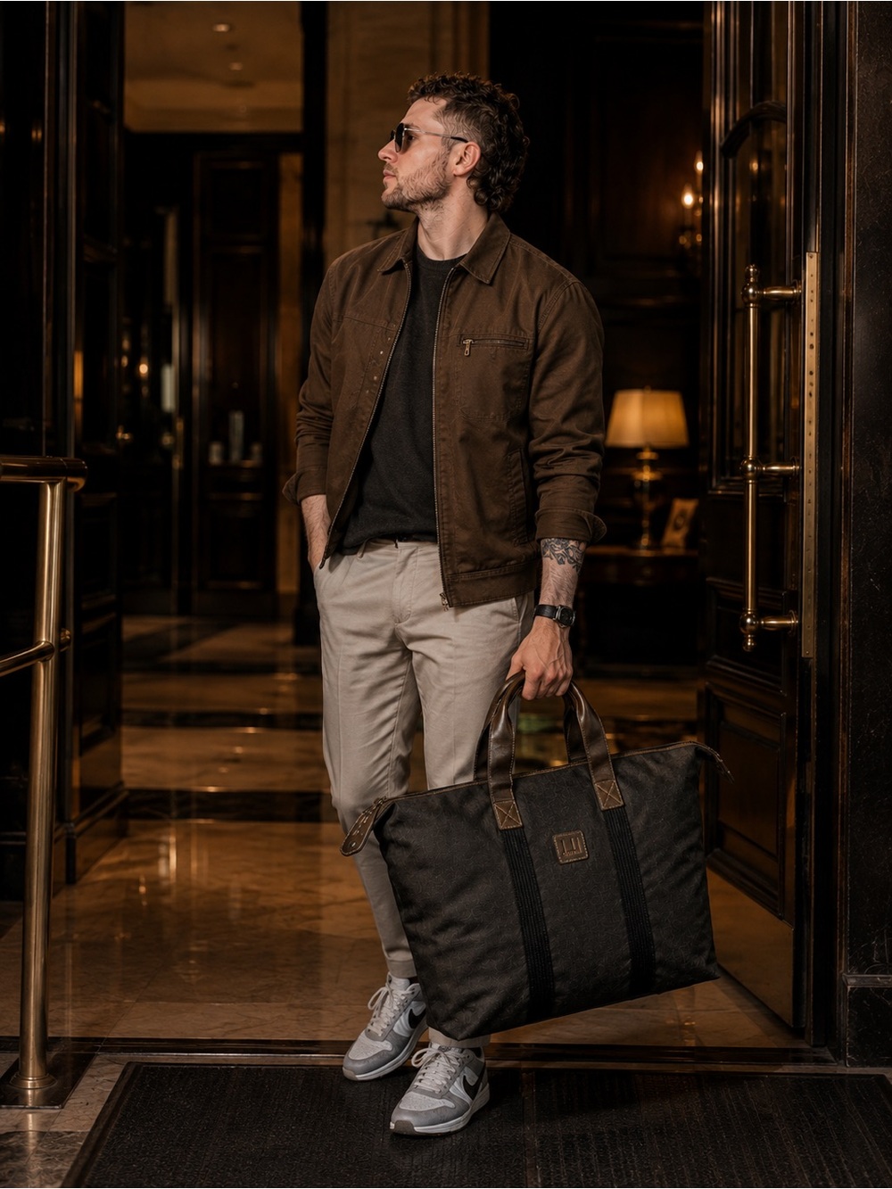 Vintage Dunhill Herringbone Canvas & Leather Weekender Duffle Bag XXL